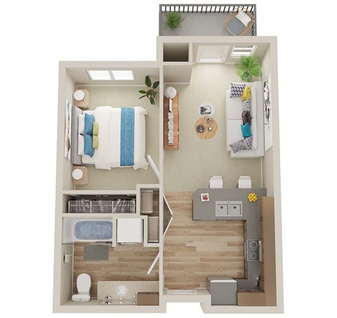 Floor plan for 1 bed, 1 bath, 684 sqft